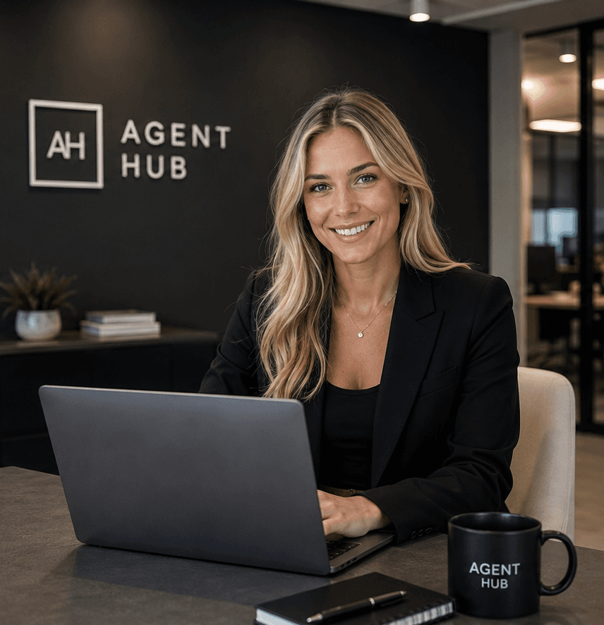Professional at a desk with Agent Hub branding